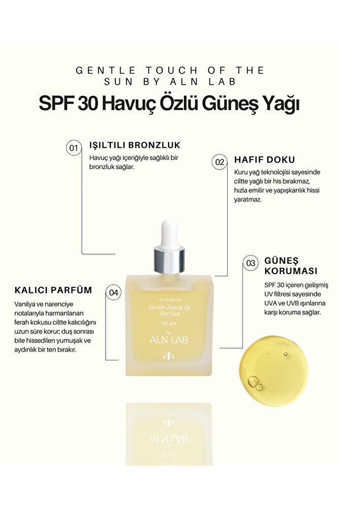 ALN Lab Güneş Koruyucu Yağ – 30 SPF Nemlendirici Vücut Yağı | Işıltılı Bronzluk Hissi