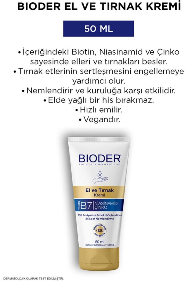 Bioder El ve Tırnak Kremi Cilt Bariyeri ve Tırnak Güçlendirici - Vitamin B7 Niasinamid Çinko 50 ml