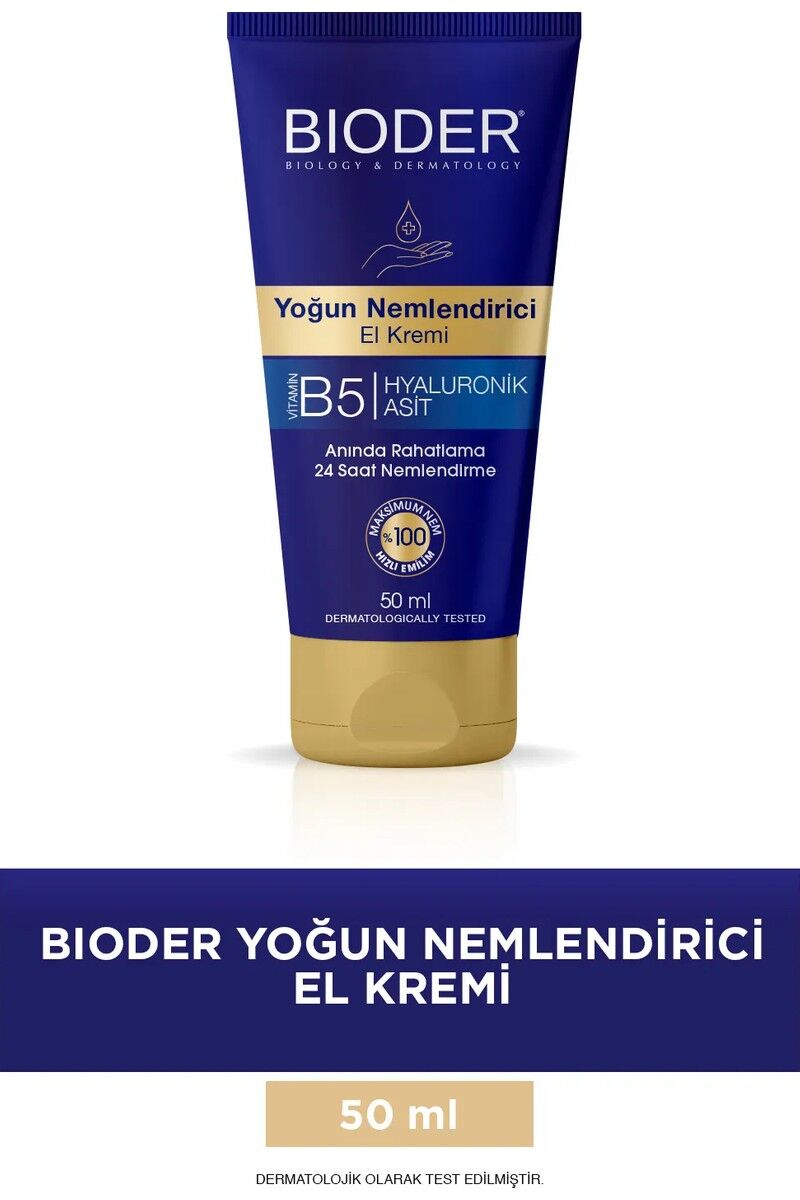 Bioder Yoğun Nemlendirici El Kremi 50 ml – Vitamin B5 ve Hyalüronik Asitli, 24 Saat Etkili Alkolsüz Bakım