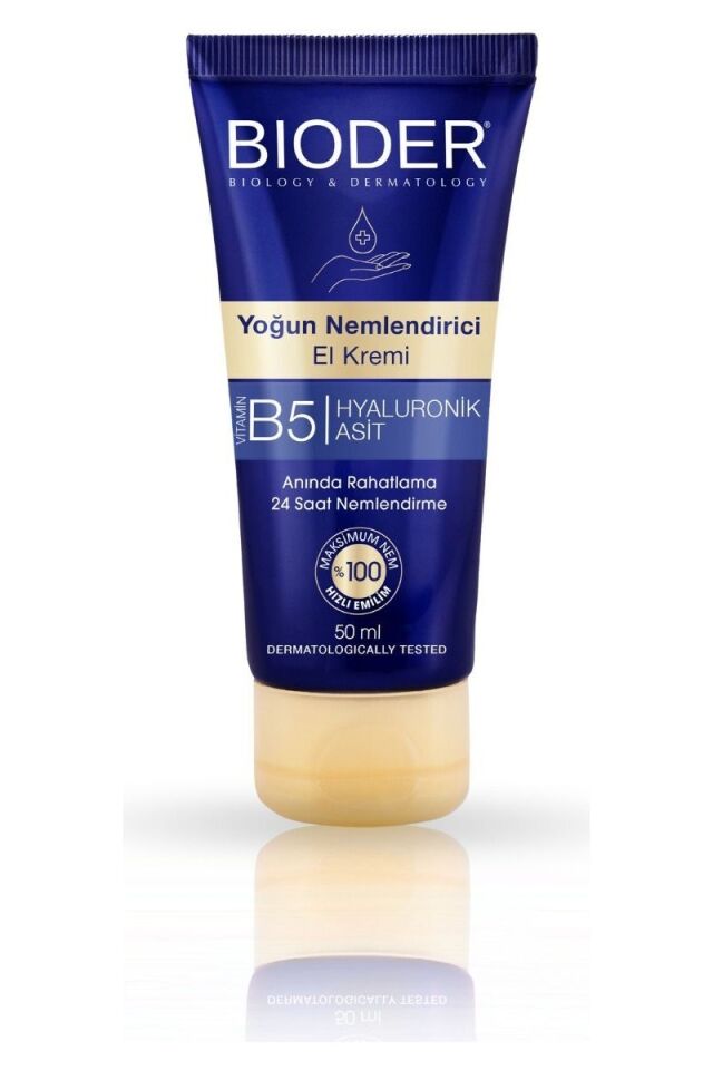 Bioder Yoğun Nemlendirici El Kremi 50 ml – Vitamin B5 ve Hyalüronik Asitli, 24 Saat Etkili Alkolsüz Bakım