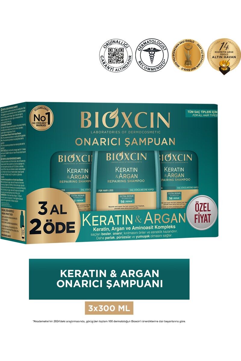 Bioxcin Keratin & Argan Onarıcı Bakım Şampuan 3 x 300 ml