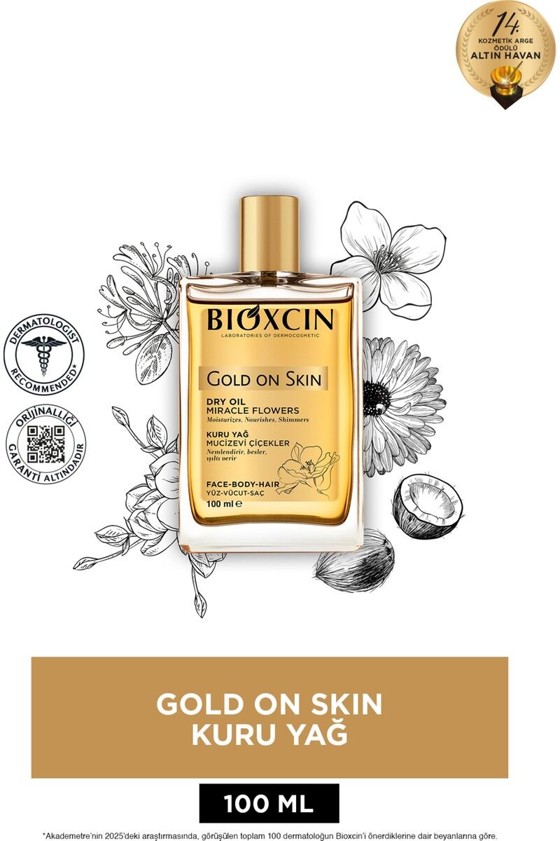 Bioxcin Gold On Skin Kuru Yağ 100 ml Sprey Doğal, Cilt & Saç Için Besleyici, Nemlendirici Yağ, Monoi Kokulu