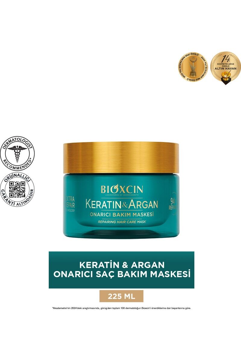 Bioxcin Keratin ve Argan Yağlı Onarıcı Saç Maskesi 225 ml – Derin Nemlendirme, Parlaklık ve Güçlü Protein Kompleksi