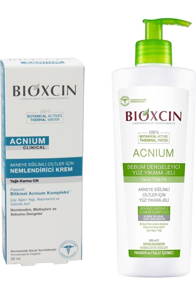 Bioxcin Acnium Sebum Dengeleyici Yüz Yıkama Jeli 500 ml + Bioxcin Acnium Sebum Dengeleyici Nemlendirici Krem 50 ml