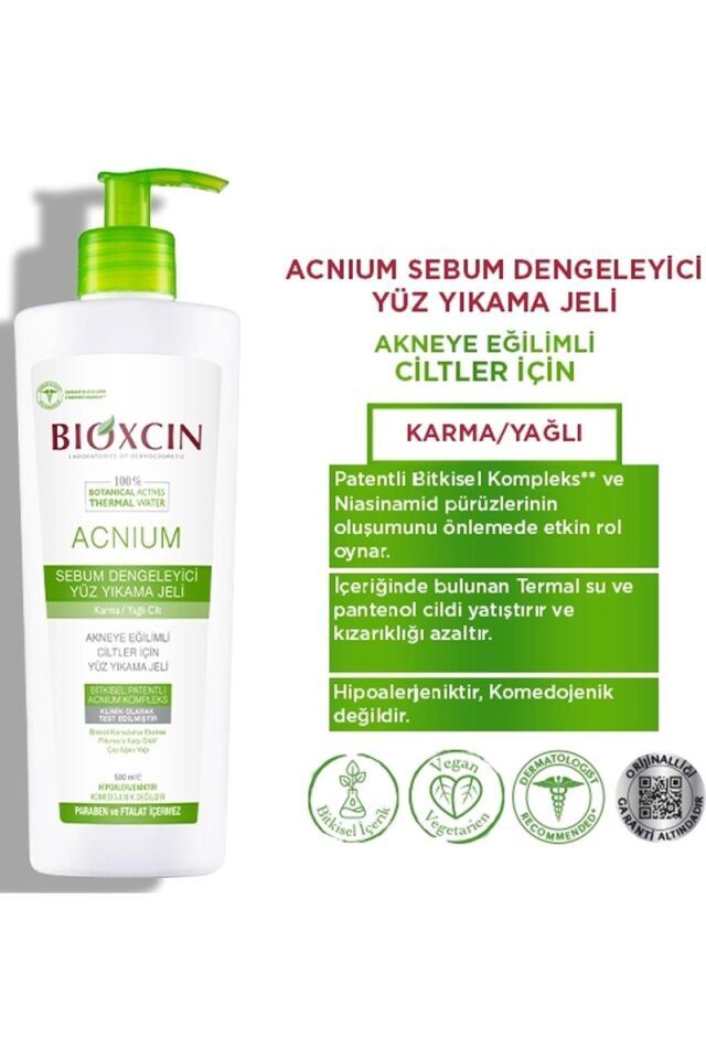 Bioxcin Acnium Sebum Dengeleyici Yüz Yıkama Jeli 500 ml + Bioxcin Acnium Sebum Dengeleyici Nemlendirici Krem 50 ml