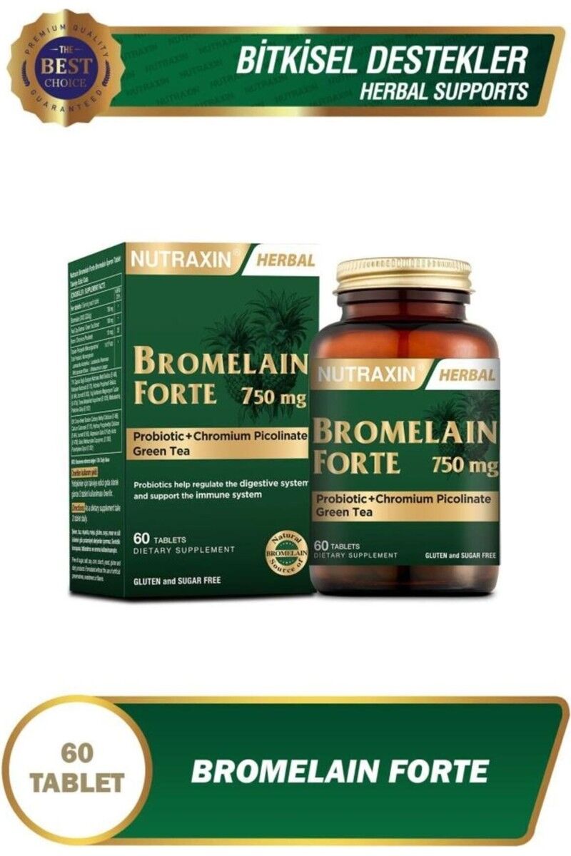 Nutraxin Bromelain Forte 750 mg - 60 Tablet, Probiyotik ve Krom İçeren Yeşil Çay Takviye Edici Gıda, Türkiye Menşeli