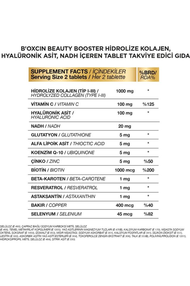 Bioxcin Beauty Booster 60 Tablet - Kolajen Nadh+ Co Q10 Glutatyon Biotin Astaksantin Resveratrol Hya Asit.