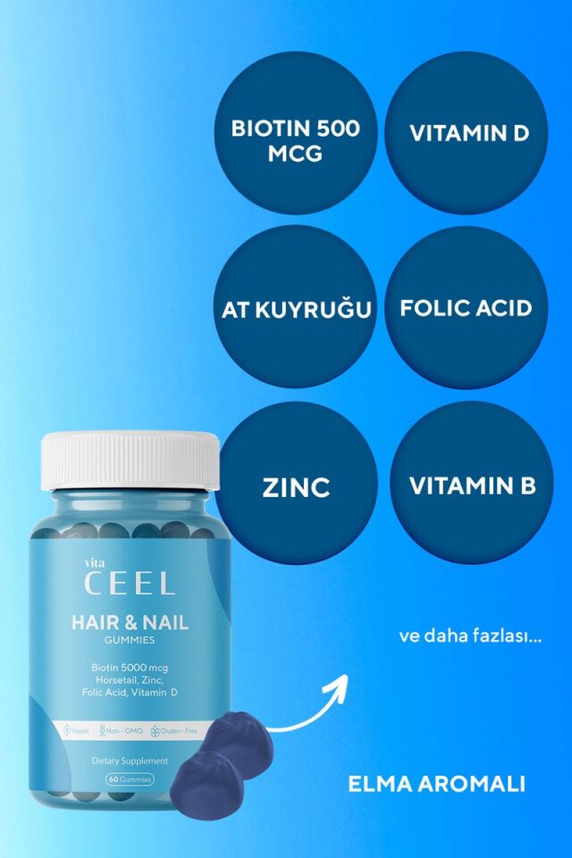 Vita Ceel Saç Tırnak Vitamini Çiğnenebilir Vegan Gummy Biotin 5000, Vitamin D, Çinko, Folik Asit, At Kuyruğu