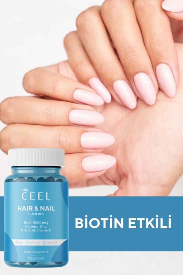 Vita Ceel Saç Tırnak Vitamini Çiğnenebilir Vegan Gummy Biotin 5000, Vitamin D, Çinko, Folik Asit, At Kuyruğu